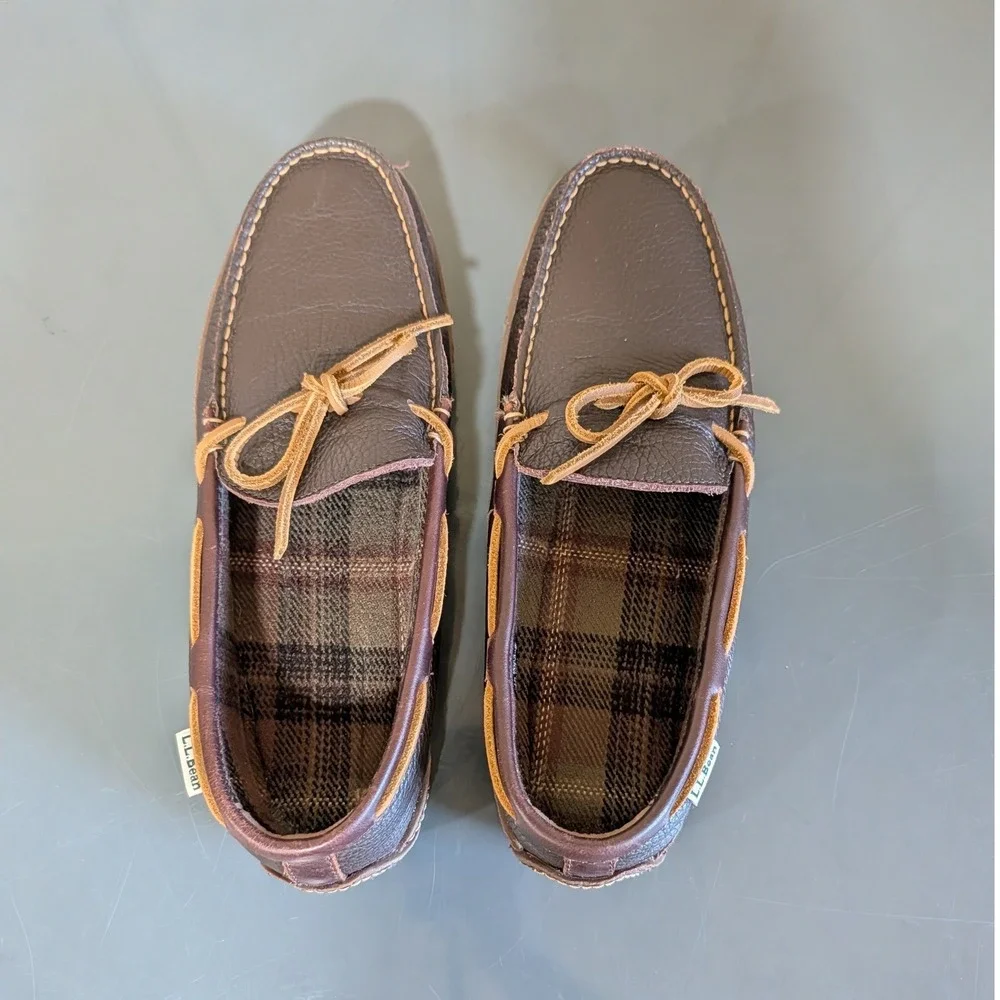 L. L Bean Men's Handsewn Slippers  Flannel-Lined Brown Leather Size 10